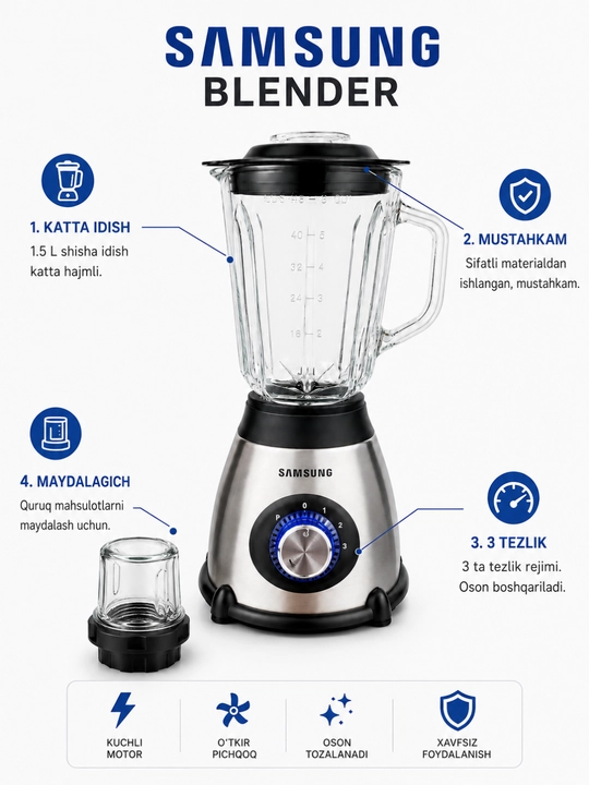 Statsionar blender, muz maydalaydigan 1,5 litrli smuzi-blender