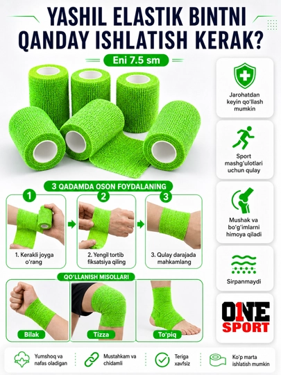 O‘zi yopishadigan, elastik, 7.5 sm li sport bog‘lami, rangli fiksatsiyalovchi lenta - 
