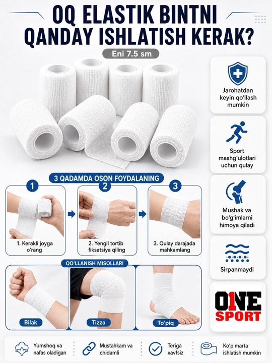 O‘zi yopishadigan, elastik, 7.5 sm li sport bog‘lami, rangli fiksatsiyalovchi lenta - 