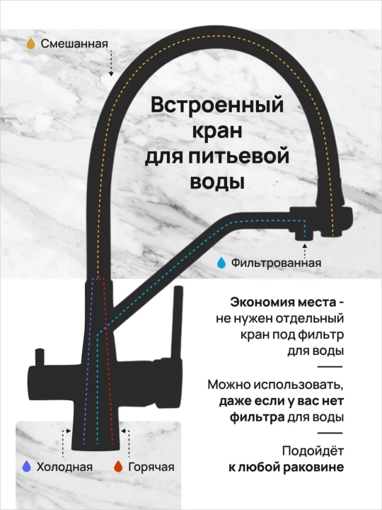 Смеситель для кухни и мойки с фильтром, 2 выхода, гибкий излив 360°, двойная вода