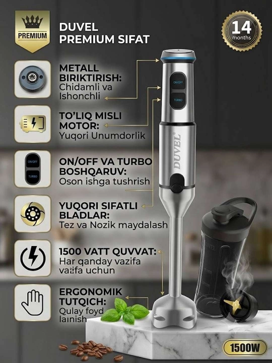 DUVEL DL-243 Premium Qo'l Blenderi, 1500W — Oshxonangizda professional yordamchi