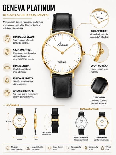 Классические мужские часы Geneva Quartz – минималистичный дизайн — VELURO-GNVSLBLK001-ЗОЛОТ