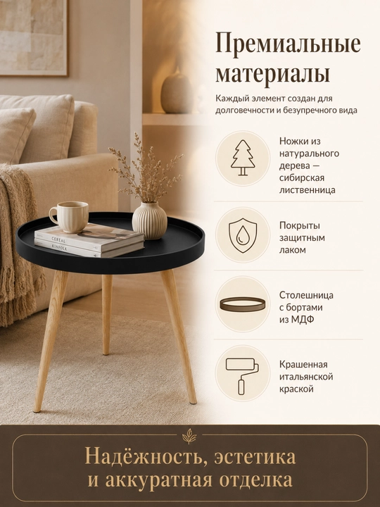 Журнальный столик AIKO Bort, круглый, на деревянных ножках, кофейный стол, с бортиками