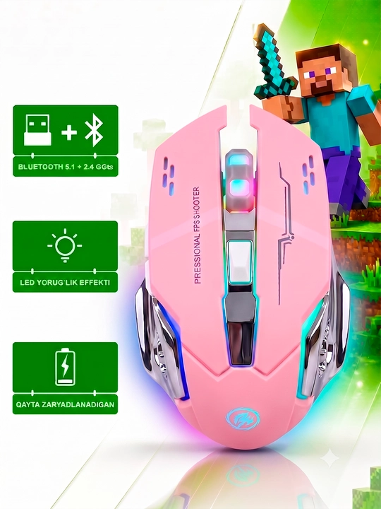 Kompyuter va noutbuklar uchun simsiz sichqoncha, Bluetooth 5.1, 2.4G, RGB yoritish, Type-C quvvatlash, 3200 DPI, akkumulyatorli.