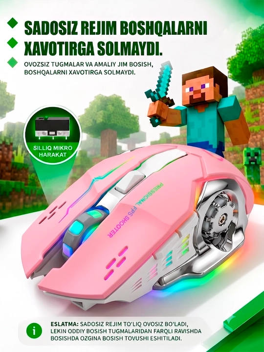 Kompyuter va noutbuklar uchun simsiz sichqoncha, Bluetooth 5.1, 2.4G, RGB yoritish, Type-C quvvatlash, 3200 DPI, akkumulyatorli.