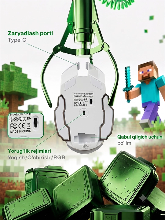 Kompyuter va noutbuklar uchun simsiz sichqoncha, Bluetooth 5.1, 2.4G, RGB yoritish, Type-C quvvatlash, 3200 DPI, akkumulyatorli.