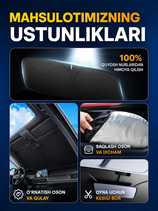 Quyoshdan himoya qiluvchi parda, 145 sm x 80 sm, qorayish: 100%, avto aksessuarlar