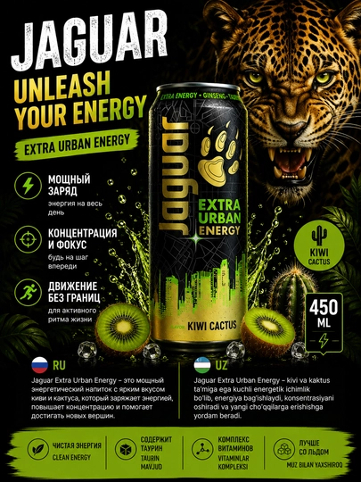 Энергетический напиток "Jaguar Extra Urban Energy" киви и кактуса, 440 мл — НАПИТ-P18F296