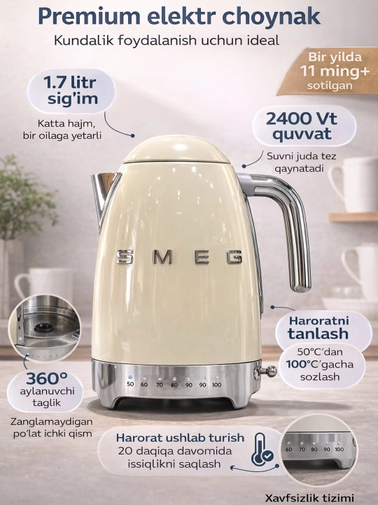 Электрический чайник SMEG 1.7 л, 2400 Вт, регулировка температуры 50–100°C - 