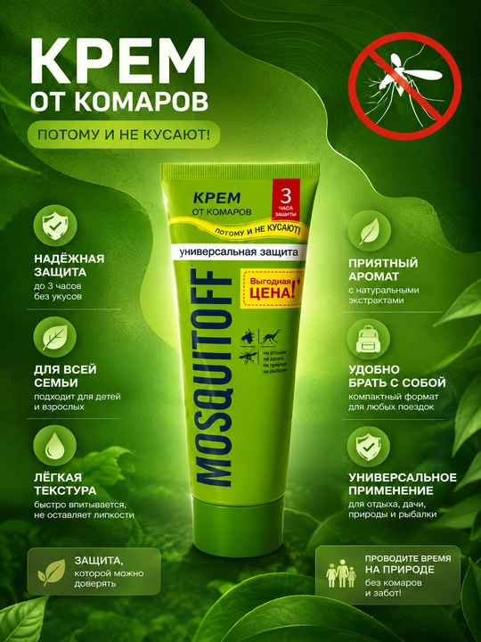 Крем от комаров MOSQUITOFF 100 мл, защита для всей семьи - 