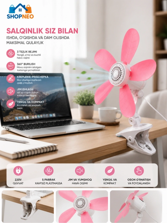 SHOPNEO qisqichli mini ventilyator, 5 parrakli, stol va aravacha uchun