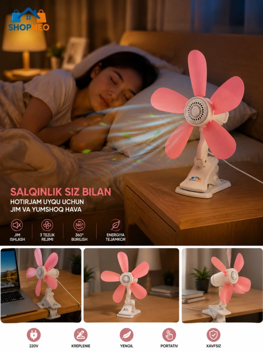 SHOPNEO qisqichli mini ventilyator, 5 parrakli, stol va aravacha uchun