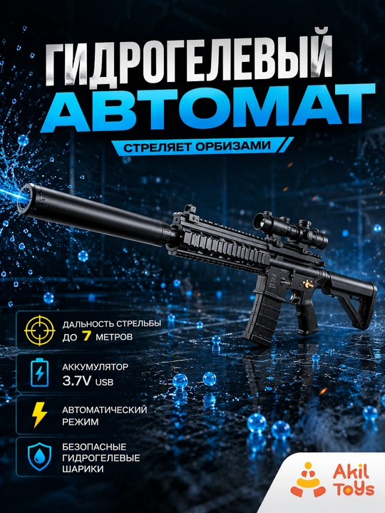 Игрушечный автомат для стрельбы орбизами, гидрогелевый бластер, аккумуляторный, Akil Toys - 