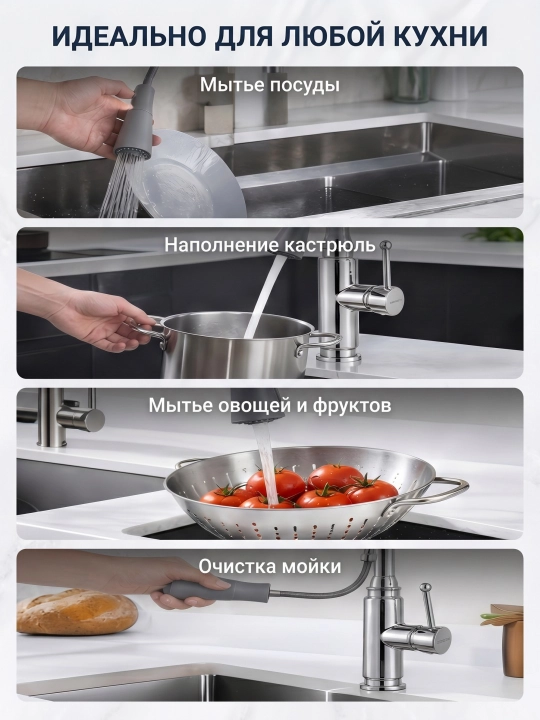 Кухонный смеситель с гибким изливом 360° 2 режима латунь хром