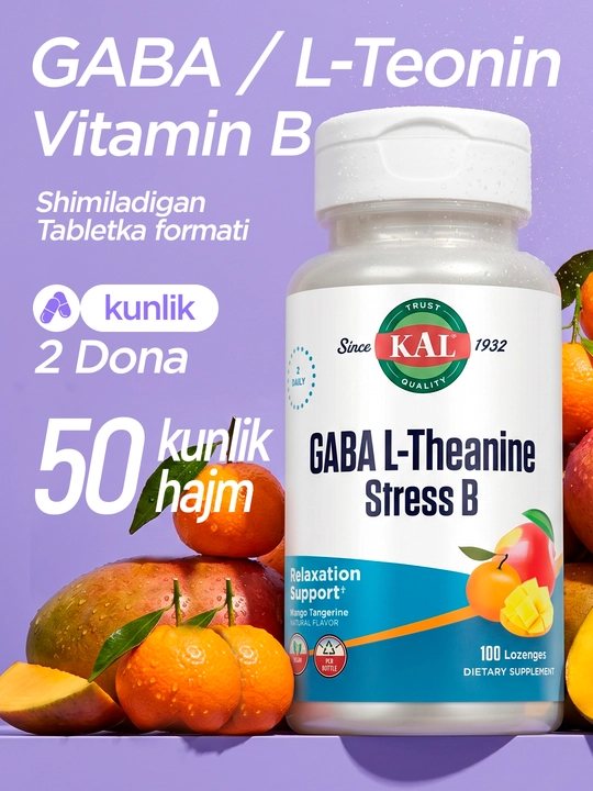 GAMK, L-Teanin va B guruhi vitaminlari, KAL, GABA L-Theanine Stress B, 100 pastilka, AQSH - 