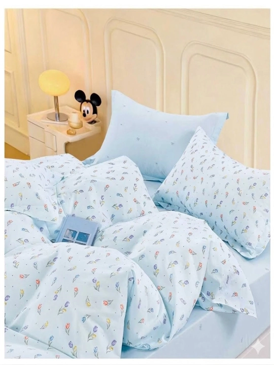 Choyshablar to‘plami, Premium Paxta Satin, 2 kishilik, och moviy gul naqshli - 