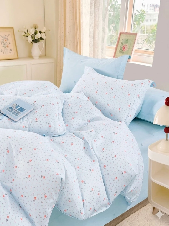 Choyshablar to‘plami, Premium Paxta Satin, 2 kishilik, och moviy gul naqshli - 