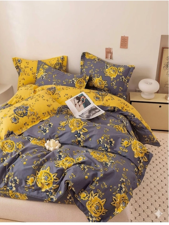 Choyshablar to‘plami, Premium Paxta Satin, 2 kishilik, och moviy gul naqshli - 
