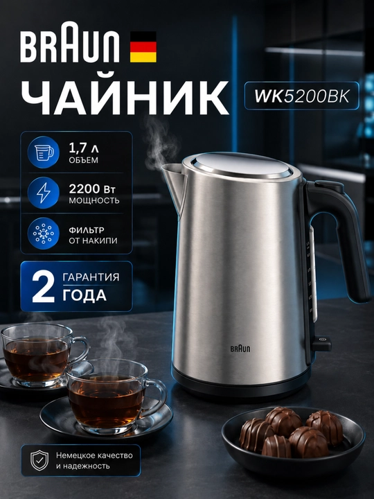 BRAUN WK5200BK 1.7 litrli elektr choynak, po‘lat korpus, avtomatik o‘chirish - 