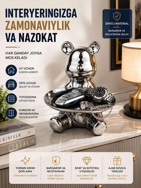 Dekorativ ayiqcha organizer va kapilka, kalit va shirinliklar uchun podnos, sovg'a