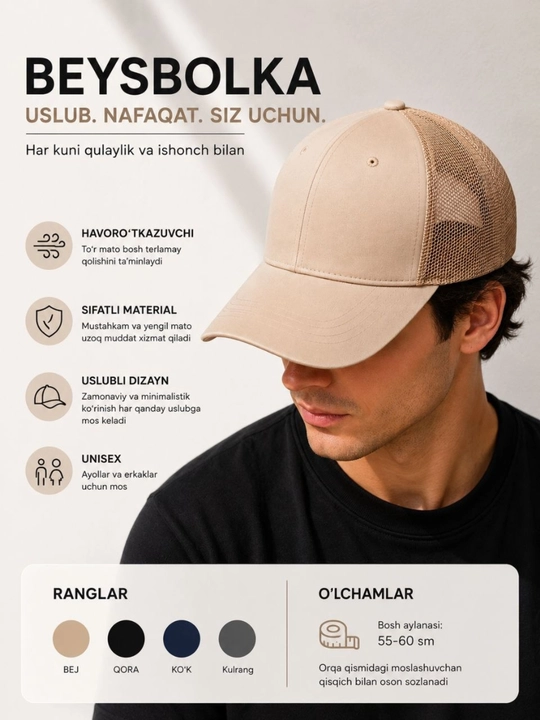 Kuzgi erkaklar va ayollar uchun nafas oluvchi to‘rli beysbol kepkasi