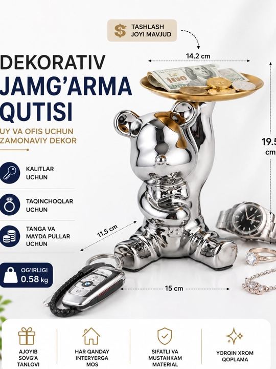 Dekorativ ayiqcha organizer va kapilka, kalit va shirinliklar uchun podnos, sovg'a