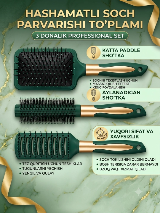 Professional soch parvarishi to'plami: 3 donalik massa, fenni va aylanadigan sho'tkalar - 