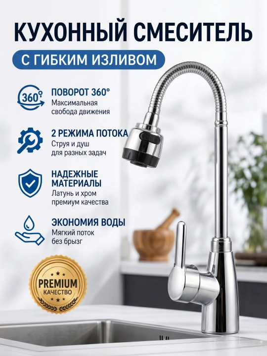 Moslashuvchan naychali oshxona jo'mragi 360° 2 rejimli jez - 