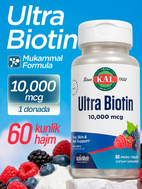 Biotin, KAL, Ultra Biotin ActivMelt, reza meva ta'mi, 10000 mkg, 60 ta mikrotabletka, AQSH - 