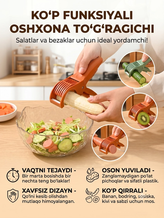 Ko'p funksiyali sabzavot va meva to'g'ragich, sosiska kesgich - xavfsiz dizayn - 