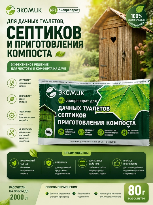 Ekomik 80 g-mamlakat hojatxonalari, septik tanklar va kompost uchun biologik mahsulot - 