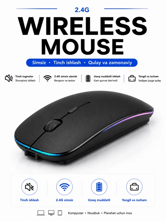 Simsiz sichqoncha 2.4G va Bluetooth, qayta zaryadlanuvchi - 