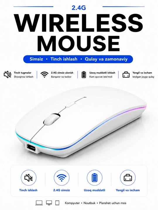 Simsiz sichqoncha 2.4G va Bluetooth, qayta zaryadlanuvchi - 