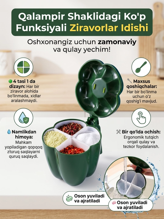 4 bo'lmali ziravorlar idishi qoshiqchalari bilan, bulg'or shaklidagi oshxona organayzeri - 