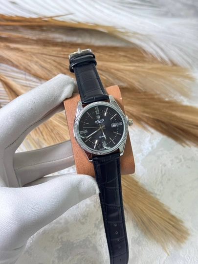 Мужские наручные часы Rolex, классический дизайн, кварцевый механизм, ремешок из эко-кожи — BRANDLU-ROLEBATKOJREM12-ЧЕРНСТЕ
