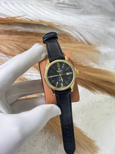 Мужские наручные часы Rolex, классический дизайн, кварцевый механизм, ремешок из эко-кожи — BRANDLU-ROLEBATKOJREM12-ЧЕРН