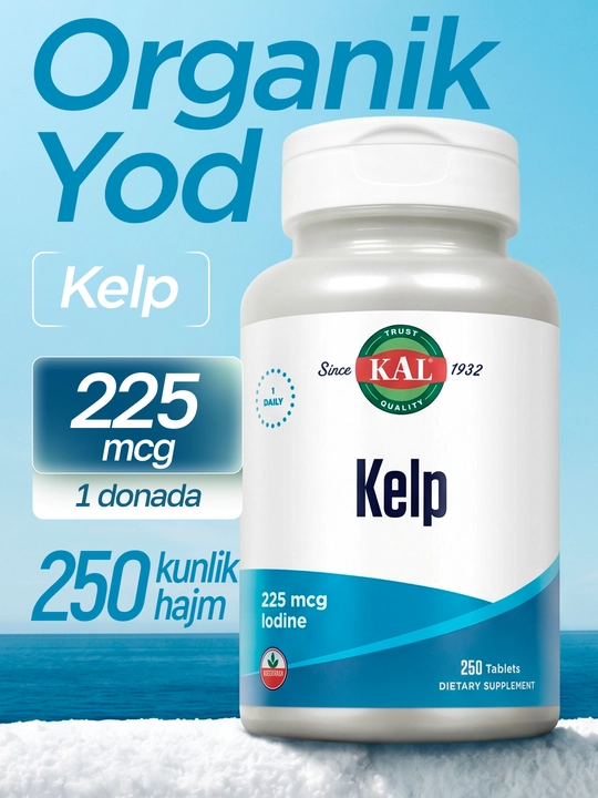 Натуральный йод, из бурых водорослей, KAL, Kelp Iodine, 225 мкг, 250 таблеток, США - 