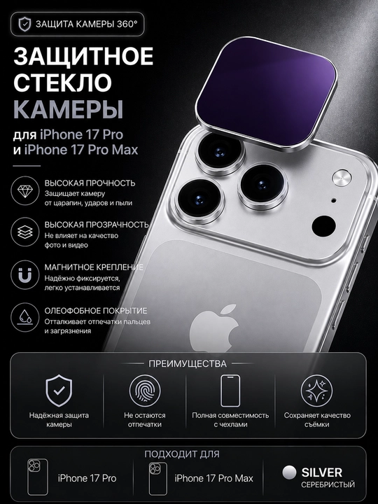 IPhone 17 Pro va iPhone 17 Pro Max uchun magnitli kamera himoya oynasi - 
