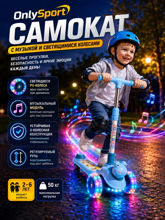 Детский самокат, трехколесный самокат, самокат для детей, самокат со светящимися колесами - 