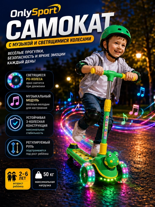 Детский самокат, трехколесный самокат, самокат для детей, самокат со светящимися колесами - 