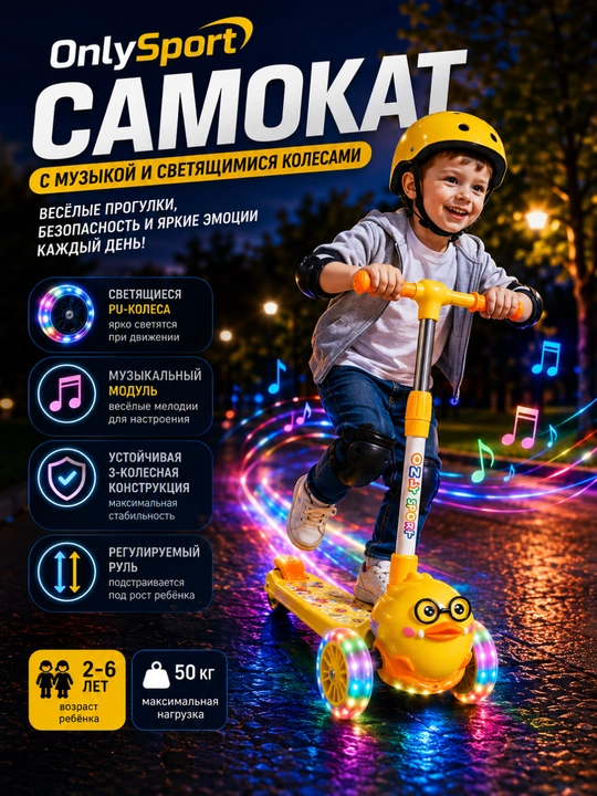 Детский самокат, трехколесный самокат, самокат для детей, самокат со светящимися колесами - 