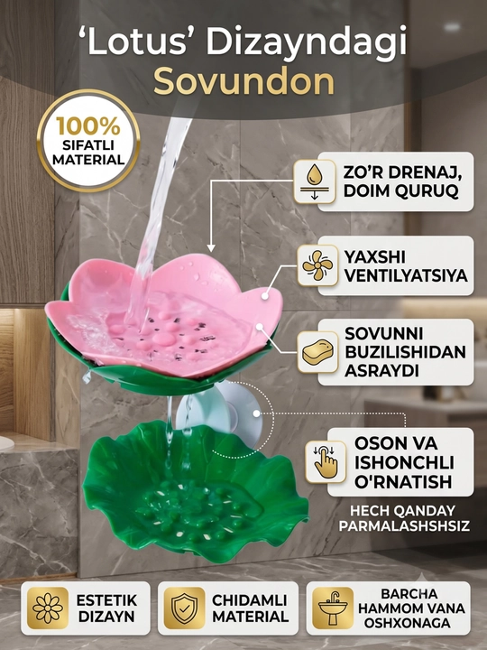 Lotus Gullari Dizaynidagi Ikki Qavatli Vakuumli Sovundon - Devorga O'rnatiladigan Drenajli - 