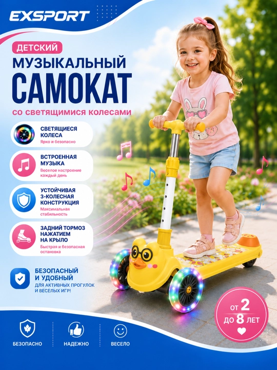 Самокат, детский самокат, трехколесный самокат, музыкальный самокат - 