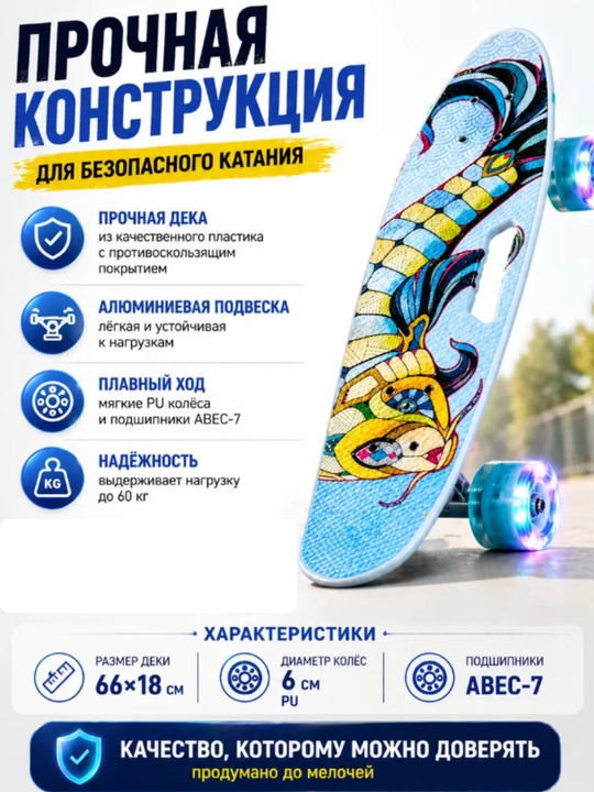 Скейтборд для девочек и мальчиков 66-20 см c ручкой