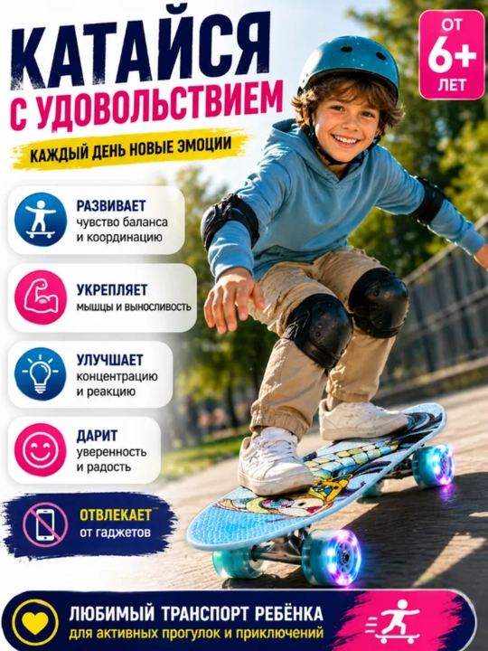 Скейтборд для девочек и мальчиков 66-20 см c ручкой