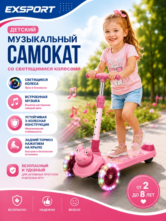 Самокат, детский самокат, трехколесный самокат, музыкальный самокат - 