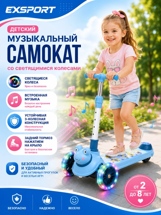Самокат, детский самокат, трехколесный самокат, музыкальный самокат - 