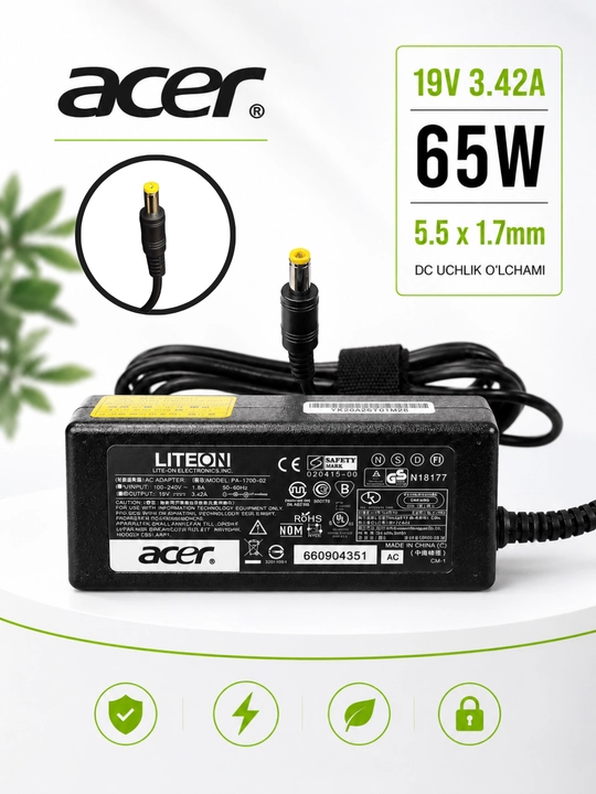 Lenovo, Acer, ASUS va HP Noutbuk uchun quvvat manbai 65 Vt zaryadkchik, 19.5V 3.33A, 65 Vt - 