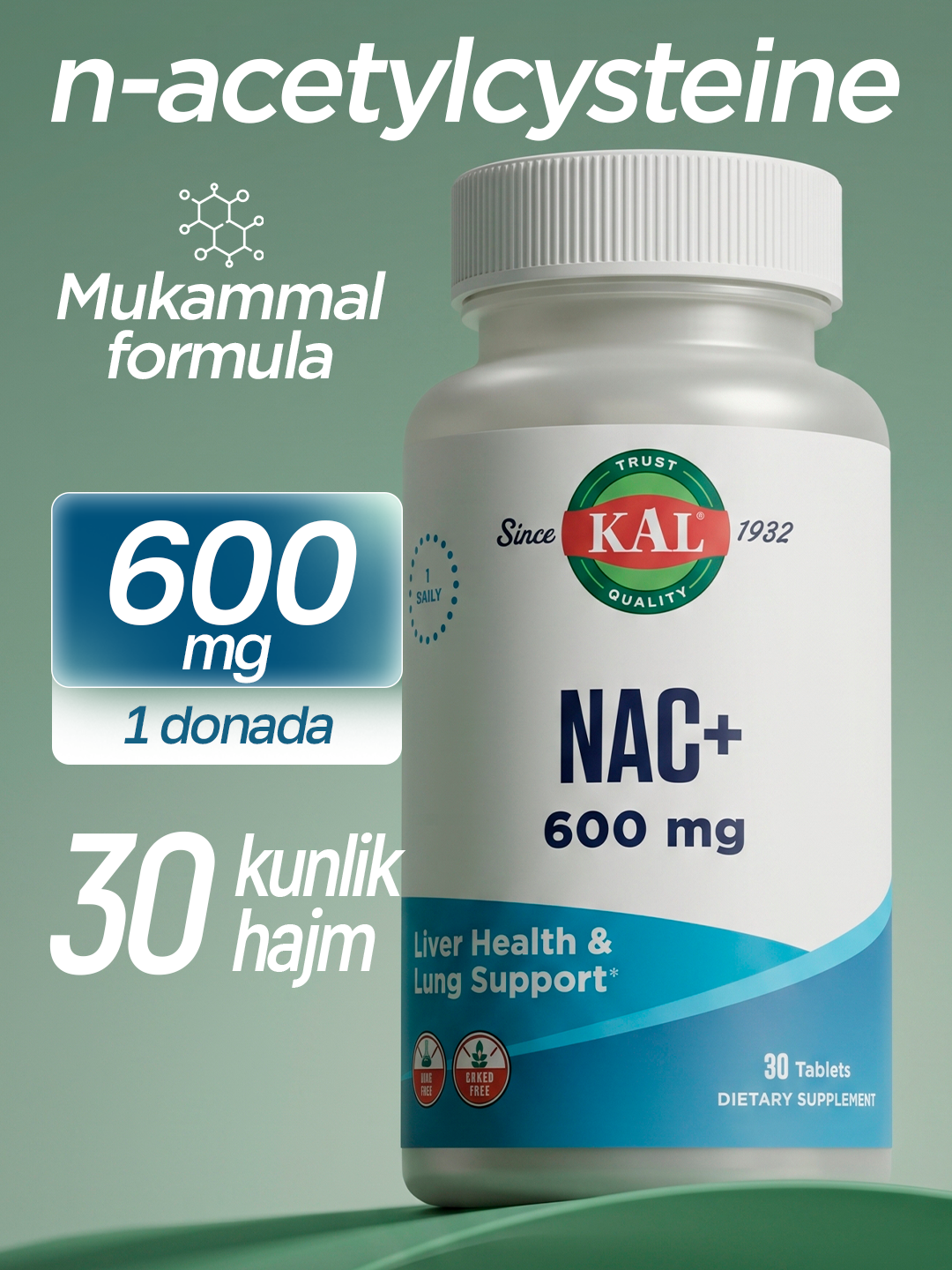 N-Atsetil-Tsistein, KAL, NAC+, antioksidant, 600 mg, 60 ta, AQSH - 