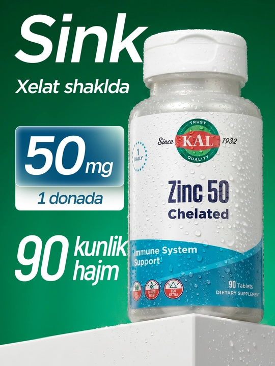 Xelat tsink, rux, KAL, Zinc 50 Chelated, yuqori doza, 50 mg, 90 ta tabletka, AQSH - 